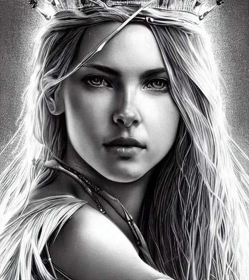 Image similar to portrait of very beautiful aphrodite goddess as an archer, arrow crown, beautiful piercing eyes, flowing blonde hair, realistic face, black and white drawing, in the style of greg rutkowski, fantasy, amazing detail, epic, intricate, elegant, smooth, sharp focus