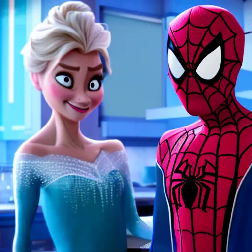 Image similar to spiderman and pregnant princess elsa talking in the kitchen, into the spiderverse cinematic render, 2 0 1 8 ) sony animation official media, clear details, award winning, blue gown, third trimester