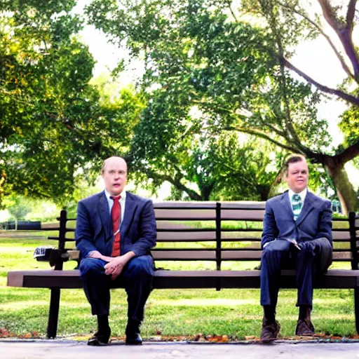 Image similar to two clean - shaven chubby white men in suits and neckties sitting on a park bench, holding manila folders.