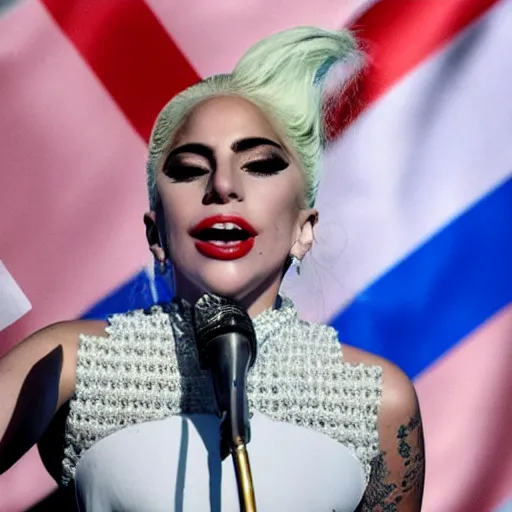 Image similar to Lady Gaga as president, Argentina presidential rally, Argentine flags behind, bokeh, giving a speech, detailed face, Argentina