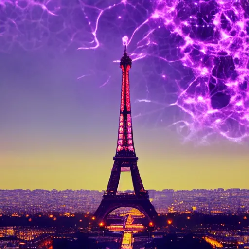 Prompt: Eiffel Tower covered in purple lovecraftian tendrils and glowing orange eyes