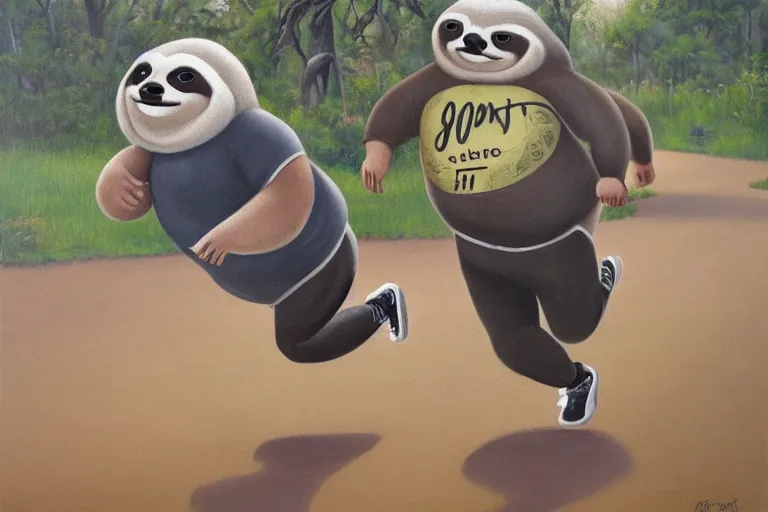 Prompt: anthro fat sloth going for a run in the park, wearing running sneakers and a muscle tee - shirt, dynamic active running pose, an ultrafine detailed painting by mark ryden, trending on deviantart, pop surrealism, whimsical, lowbrow, grotesque