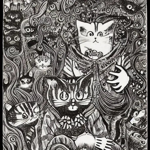 Image similar to A collaboration manga between Louis Wain and Junji Ito