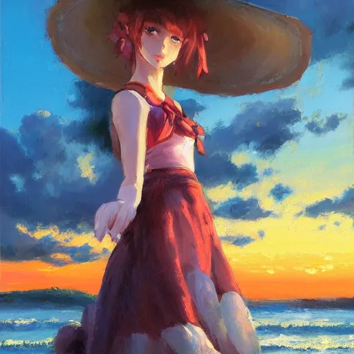 Image similar to Beautiful portrait of Kirisame Marisa at sunset on the beach, touhou project, oil painting by Antoine Blanchard, sold at an auction, oil on canvas, official artwork , wide strokes, pastel colors, soft lighting