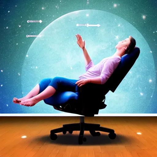 Image similar to recliner chair floating in space, acupuncture treatment, a person receiving acupuncture, galactic background, dreamy, dramatic lighting, universe scale