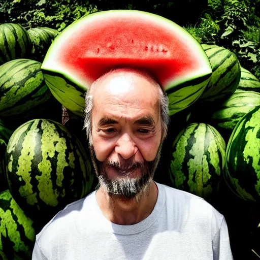 Prompt: a man with a watermelon head by bana, benedick, denning, guy, eng, kilian, fujita, goro, jones, peter andrew