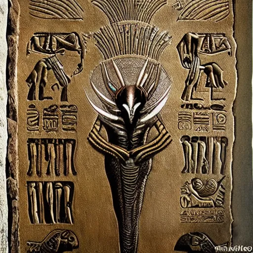 Image similar to ancient egyptian art of xenomorph giger alien