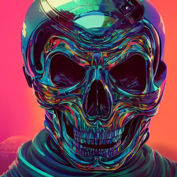 Prompt: portrait of a skull in a racing suit. intricate abstract. intricate artwork. by Tooth Wu, wlop, beeple, dan mumford. octane render, trending on artstation, greg rutkowski very coherent symmetrical artwork. cinematic, hyper realism, high detail, octane render, 8k, iridescent accents