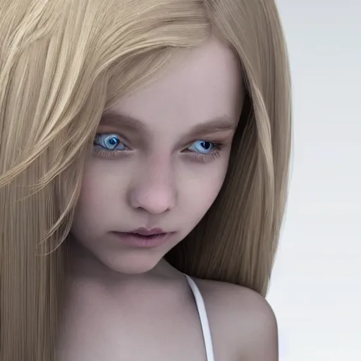 Image similar to young girl with long blonde hair jumped up and froze in the white room, photorealistic