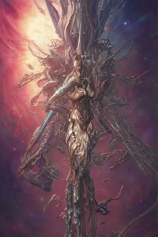 Image similar to now is the time to relaunch the dream weapon, by artgerm and yoshitaka amano and moebius and hr giger and zdislaw beksinski, hyperdetailed, surreal, dc comics, ornate, stunning, nebula, explosions in the sky, trending on artstation