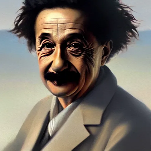 Image similar to albert einstein closeup portrait, dramatic light, lake background, 2 0 0 mm focal length, painted by stanley lau, painted by greg rutkowski, painted by stanley artgerm, digital art, trending on artstation
