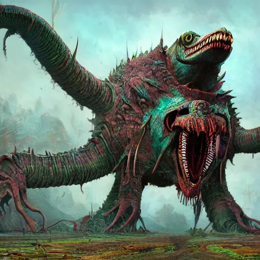 Image similar to dukhara scavenger, colossal dreadmaw, driven, highly detailed, digital painting, HDRI, by Randy Vargas and wayne barlowe, vivid colors, high contrast, 8k resolution, intricate, photorealistic, smooth