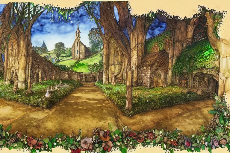 Image similar to an elaborate and dense painting of the peaceful redwall abbey in mossflower wood, detailed, made of alcohol ink on parchment and penned illustrations, by brian jacques and jean baptiste monge