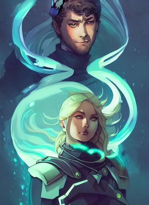 Image similar to style artgerm, joshua middleton, illustration, john krasinski as rune knight wearing green pelt light armor, anime eyes, blue hair, swirling water cosmos, fantasy, dnd, cinematic lighting