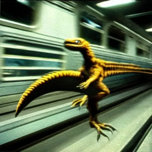 Image similar to a velociraptor riding the subway, new york, 1 9 9 0