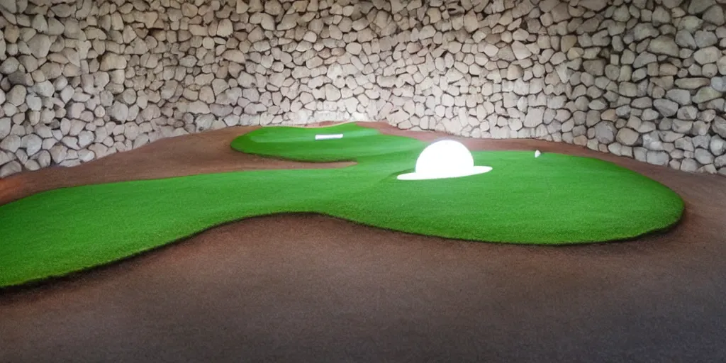 Image similar to the most amazing golf hole in the world made from yarn, beautiful ambient light,