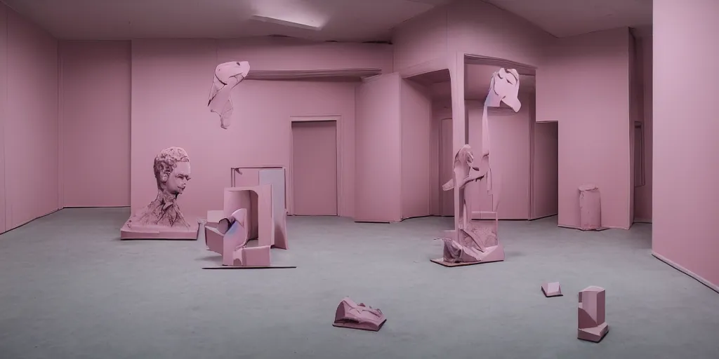 Prompt: a empty pink room with neo concrete art, and bauhause work, objects, sculptures, display, hasselblad 5 0 0 c, 3 0 0 0 dpi