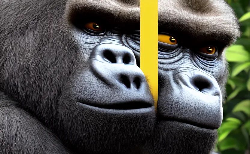 Image similar to gorilla as gru, hyperrealistic, concept art, octane render, unreal engine 5, trending on artstation, high quality, highly detailed, 8 k hdr, product photo, centered, minions background, soft lighting, path traced, low contrast, high coherence, symmetrical