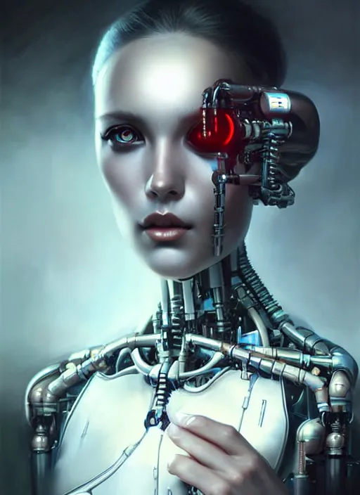 Image similar to a beautiful woman with a cybernetic endoskeleton, painted by artgerm and tom bagshaw, fantasy art, dramatic lighting, highly detailed oil painting