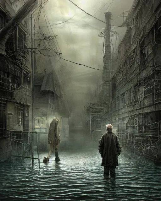 Image similar to concept illustration from the'0 0 s supernatural thriller'old as the water ', a high quality high detail digital matte painting by david mattingly and samuel araya and tony diterlizzi and michael whelan, hd 4 k 8 k, realistic hyperdetailed scene painting, photorealistic lighting, urban horror aesthetic, composition and scene layout inspired by gregory crewdson and brendon burton.