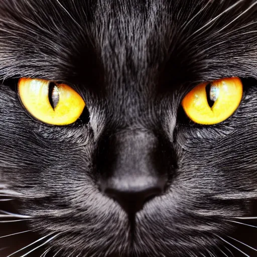 Prompt: intricate photo of a black cat, extreme close up on the cats face, cat facing right