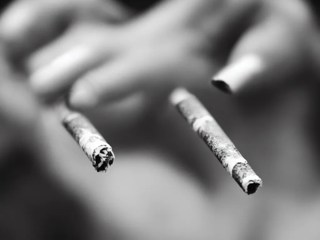 Prompt: Close-up view of hyperrealistic thin soft hand holding cigarette with smoke, hyper realistic photo, 8K