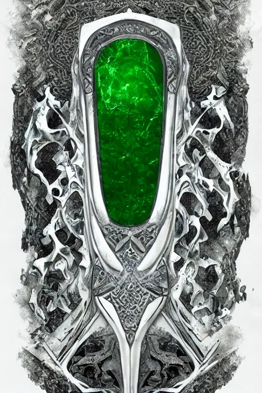 Image similar to an ancient white bone and emerald gemstone relic, intricate engraving, concept art style