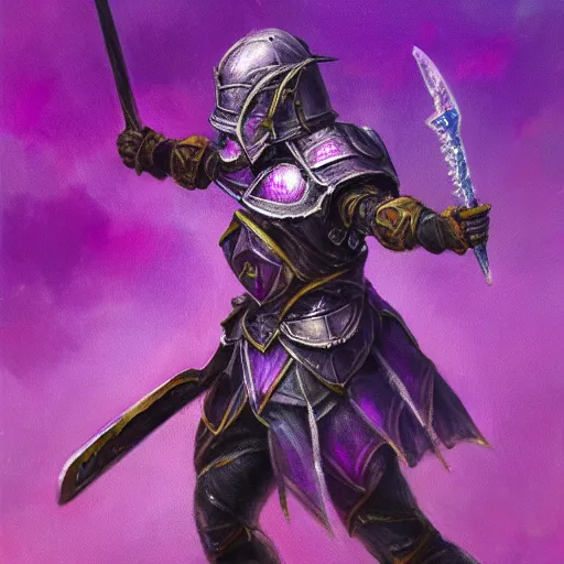 Prompt: reaching for a purple crystal armored mouse sword warrior, trending on Artstation, award winning, Oil Painting, 8k scan