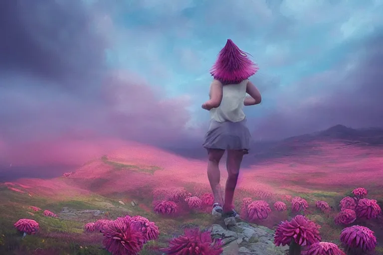 Image similar to giant dahlia flower head, girl walking on mountain, surreal photography, pink storm clouds, dramatic light, impressionist painting, digital painting, artstation, simon stalenhag