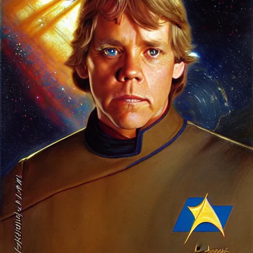 Image similar to a portrait of luke skywalker in a starfleet uniform star trek chief engineer wizard hat and wand. detailed face highly detailed painting by gaston bussiere craig mullins jc leyendecker gustav klimt artgerm greg rutkowski