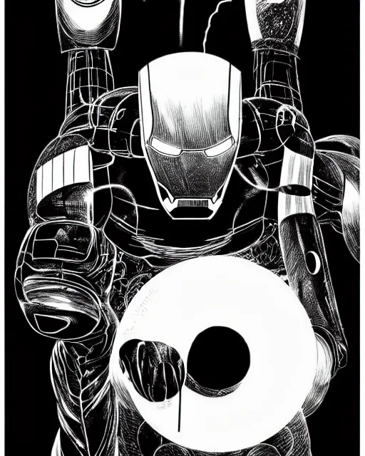 Image similar to black and white sad iron man with wires on hands on the destroed moon, iron man eat banana, wires earth background, by tsutomu nihei