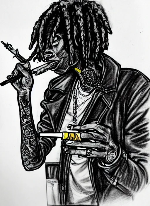 Prompt: classroom sketch of wiz khalifa smoking cigar, eldritch horror, surreal black and yellow, shading, high detail