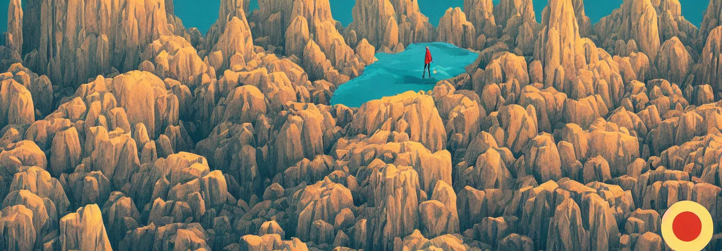 Prompt: a small figure looks up at a giant ancient stone burger mountain range, Wes Anderson, Poster, megalophobia, digital art, striking, dramatic, cinematography, brightly lit, masterpiece