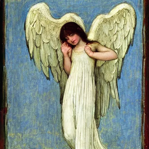 Prompt: An angel losing their wings calmly in the style of John William Waterhouse