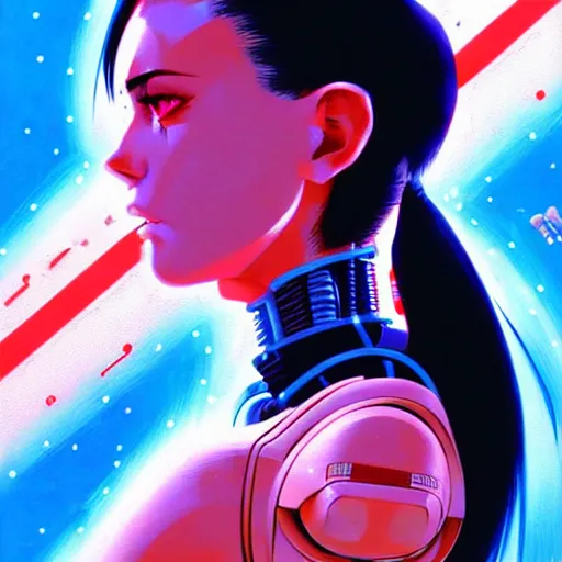 Image similar to side portrait scifi cyborg girl with robotic parts and spacesuit | | head only in center of image, audrey plaza, fine detail!! anime!! realistic shaded lighting!! poster by ilya kuvshinov katsuhiro otomo ghost - in - the - shell, magali villeneuve, artgerm, jeremy lipkin and michael garmash and rob rey