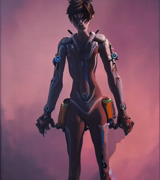 Image similar to full figure, painting of tracer from overwatch, in style of zdzisław beksinski, horror, 4 k, feminine facial features, full armor, full armor, detailed face, tall, dark ropes and chains in background