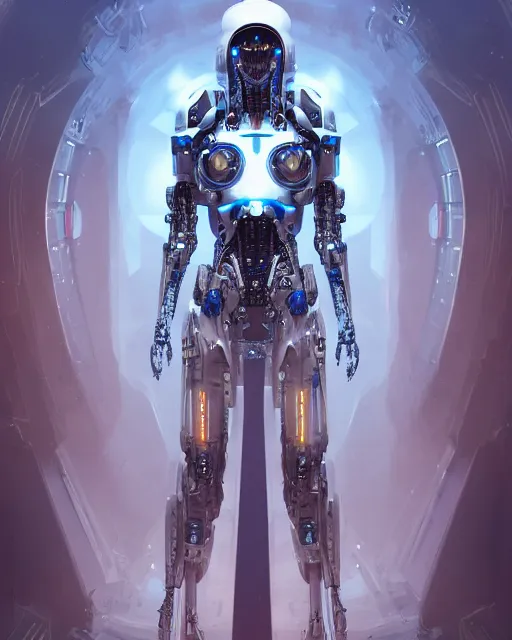 Image similar to benevolent cyborg necromancer, scifi, futuristic, helpful, kind, intelligent, alien room background, white, blue, gold, highly detailed, trending on artstation, soft light, holy machine, advanced technology, art by vitaly bulgarov and nivanh chanthara