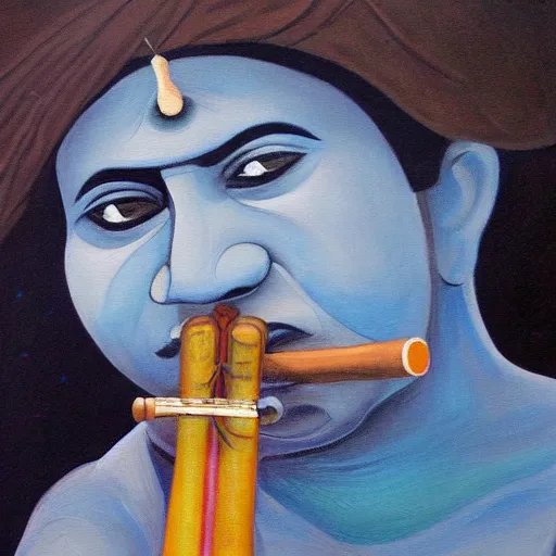 Image similar to a painting of a blue indian man playing a flute, an oil on canvas painting by ram chandra shukla, deviantart, samikshavad, digitally enhanced, beautiful