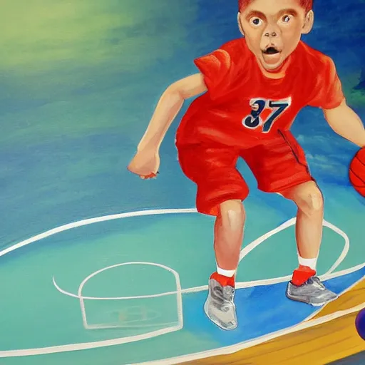 Prompt: a painting of a kid playing basketball, close up, action shot