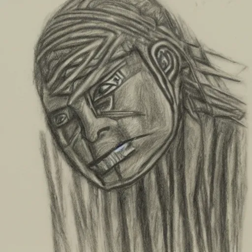 Image similar to mummy touches head of warrior, in jungle, pencil drawing