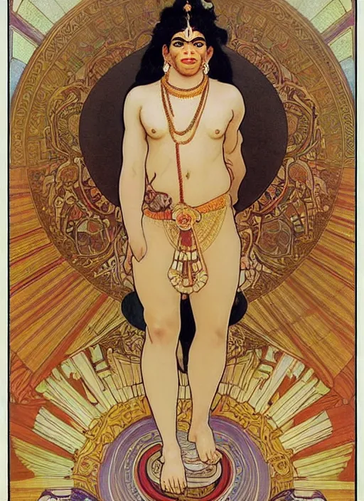 Image similar to a full body portrait of beautiful ornated hanuman!!!! god with flowing medium hair, soft facial features, kind appearence, digital art by alphonse mucha, inspired by krishen khanna and madhvi parekh, symmetrical body, artgerm, portrait, muted color scheme, highly detailed, outrun art style