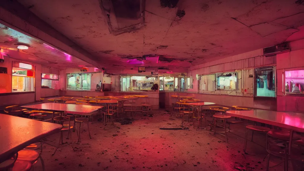 Image similar to the inside of an abandoned 5 0's diner at night, by lee madgwick, pink and orange neon lights, highly detailed interior, artstation trending, cryenging 8 k uhd