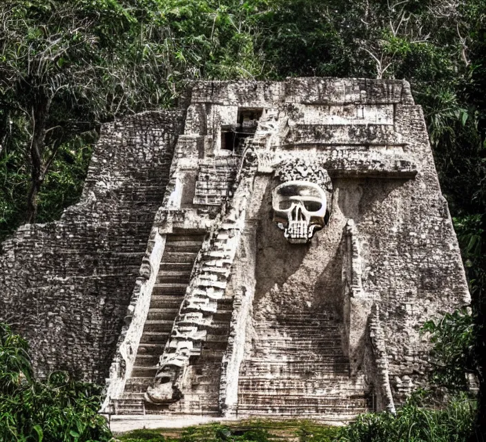 Image similar to mayan temple in form of punisher skull. background jungle
