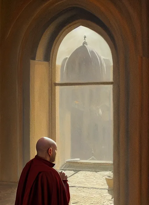 Prompt: symmetry!! oil painting of a tonsured dominican monk in a brown habit, looking out of a monastery window contemplatively, a majestic cathedral in the hazy background, digital art, artstation, cinematic, golden hour, cozy atmosphere, cinematic lighting, digital art painting by greg rutkowski
