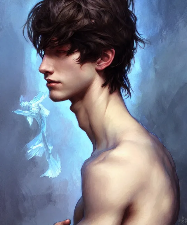 Prompt: Fae teenage boy, portrait, face, messy shoulder-length dark hair, blue eyes, fantasy, intricate, elegant, highly detailed, digital painting, artstation, concept art, smooth, sharp focus, illustration, art by artgerm and greg rutkowski and alphonse mucha