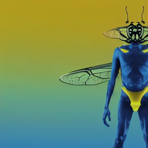 Image similar to human man that resembles a wasp morh in surreal sketch style, blue and yellow gradient, noise, ultrafine detail, hd 8k, logo illustration