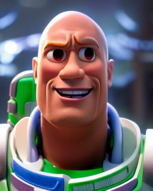 Image similar to Film still close-up shot of Dwayne Johnson as Buzz Lightyear in the movie Toy Story 3. Photographic, photography