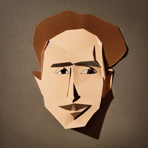 Image similar to a 2 d flat layered paper portrait of a man with wavey short hair, made from paper, friedly smile, raised eyebrows, ambient light, shadow art