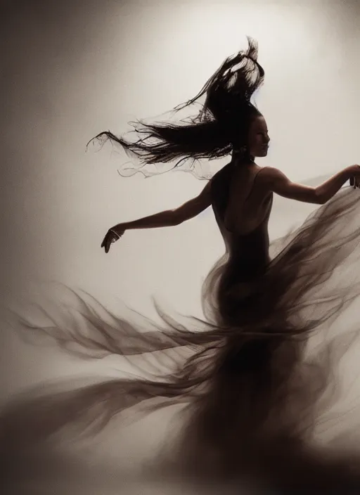 Prompt: a Photorealistic dramatic hyperrealistic render of a beautiful Female smoke dancer by Ken Brower and Deborah Ory of NYC Dance project,Lois Greenfield,Flowing cloth and smoke,Beautiful dynamic dramatic dark moody lighting,volumetric,shadows,cinematic atmosphere,Octane render,8K