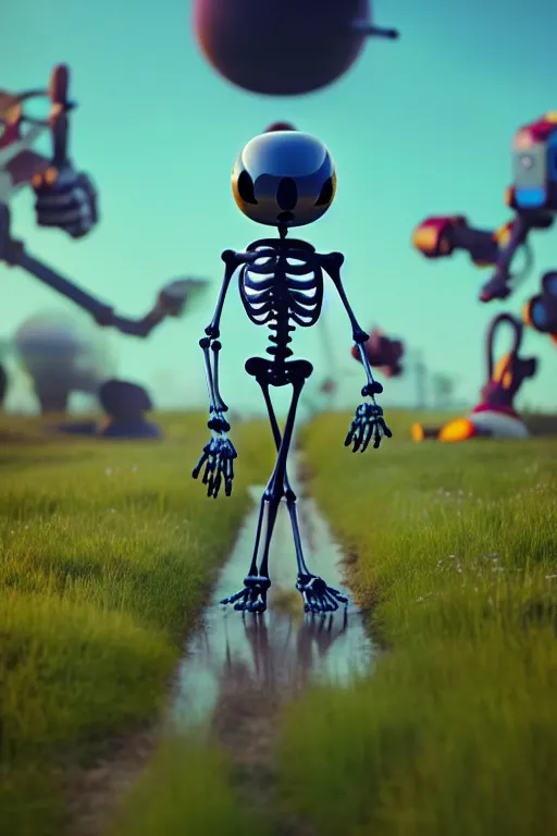 Prompt: a skeletal, botanical mickey mouse taking a giant robot for a walk by beeple, highly detailed, rendered in octane